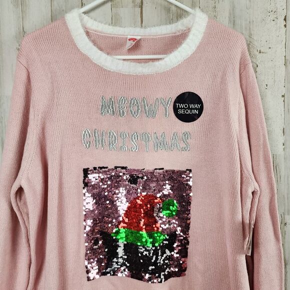 Holiday Time Holiday Sequin Meowy Kitty Cat Sweater Pink Size XL 16-18 - Picture 4 of 10